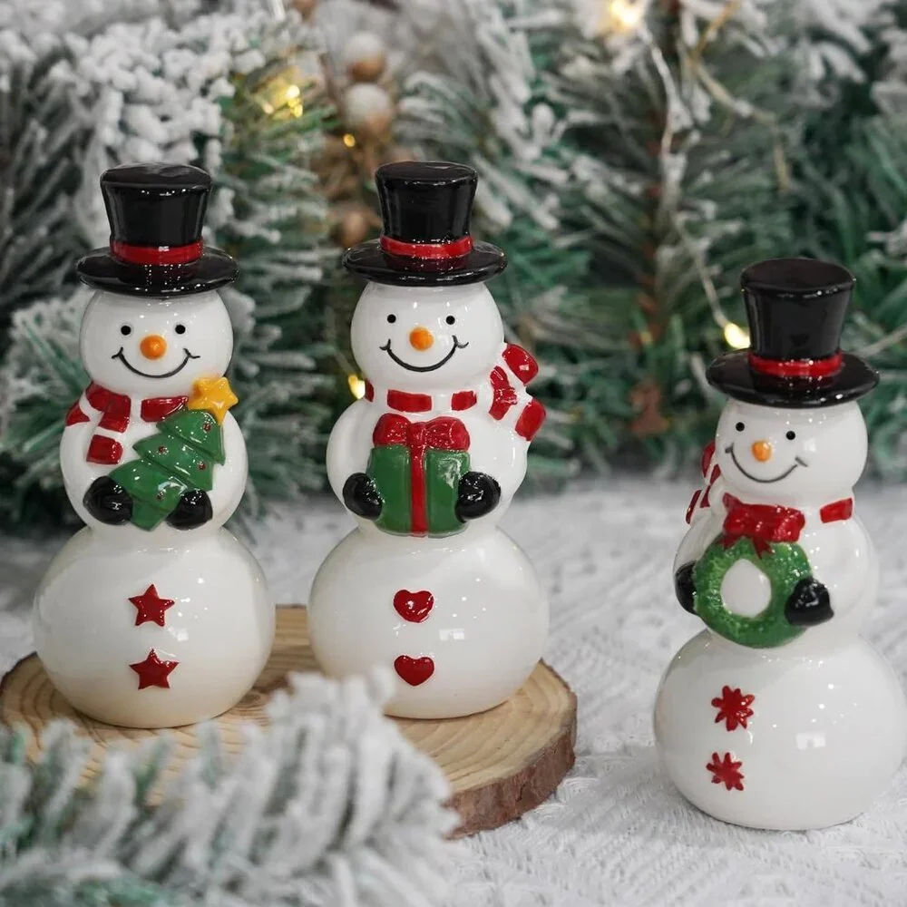 Set Of 3 Ceramic Cute Snowman Ornaments Christmas Decorations For Table